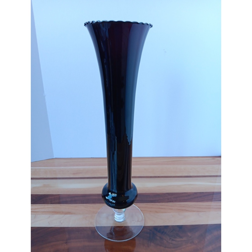 Tall Black Vase Hand Blown White‎ with Clear Footed Bottom 15.25"  Bud Glossy